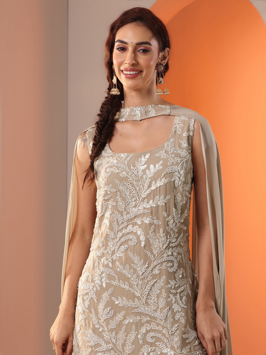 Mameraa Tan Embellished Georgette Straight Suit Set With Dupatta