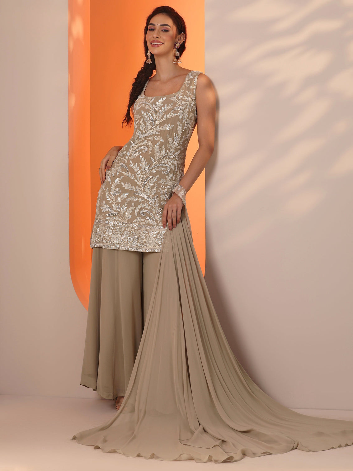 Mameraa Tan Embellished Georgette Straight Suit Set With Dupatta