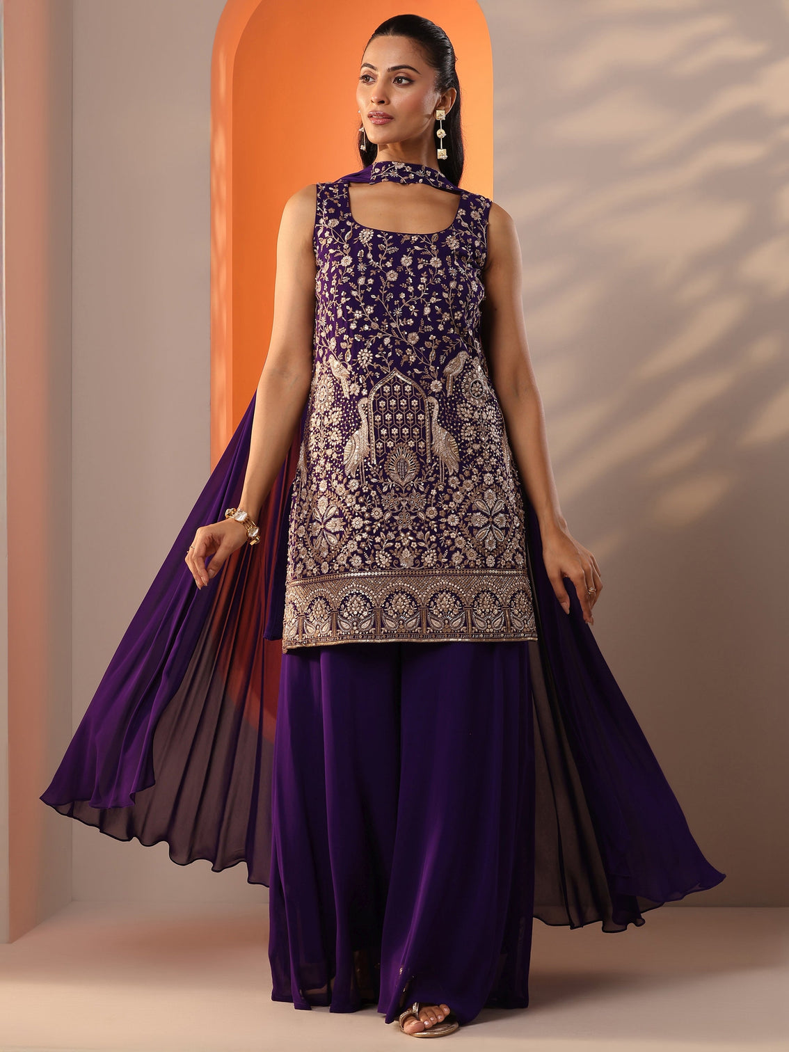 Mameraa Burgundy Embellished Georgette Straight Suit Set With Dupatta
