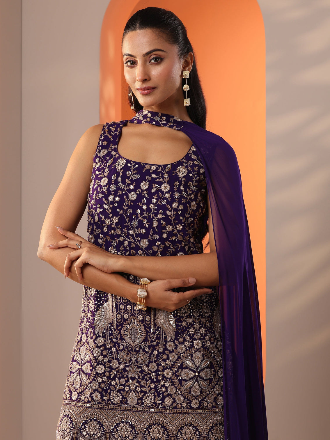 Mameraa Burgundy Embellished Georgette Straight Suit Set With Dupatta