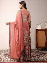 Libas Art Brown Printed Silk Crepe Straight Suit Set With Dupatta