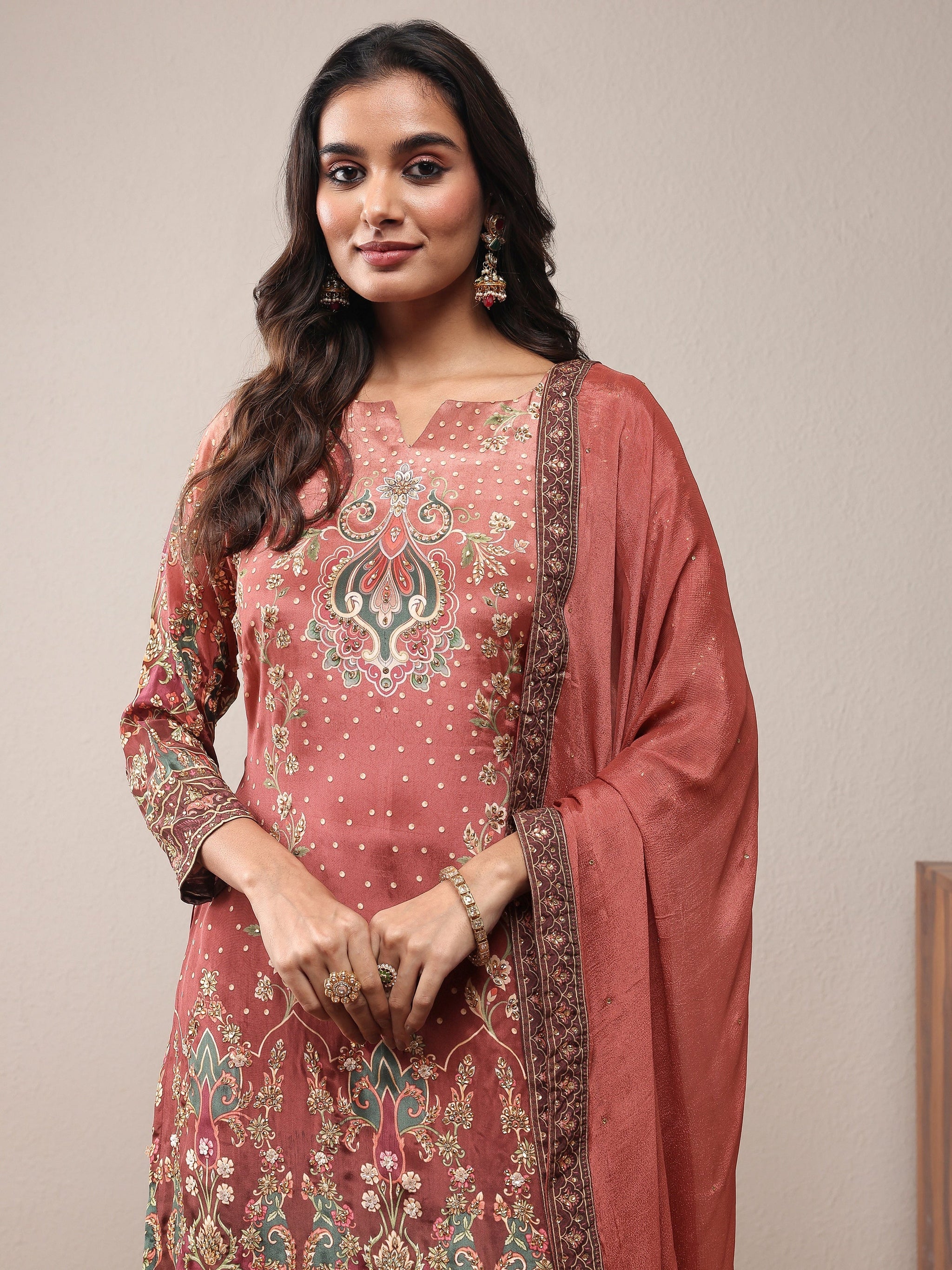 Libas Art Brown Printed Silk Crepe Straight Suit Set With Dupatta