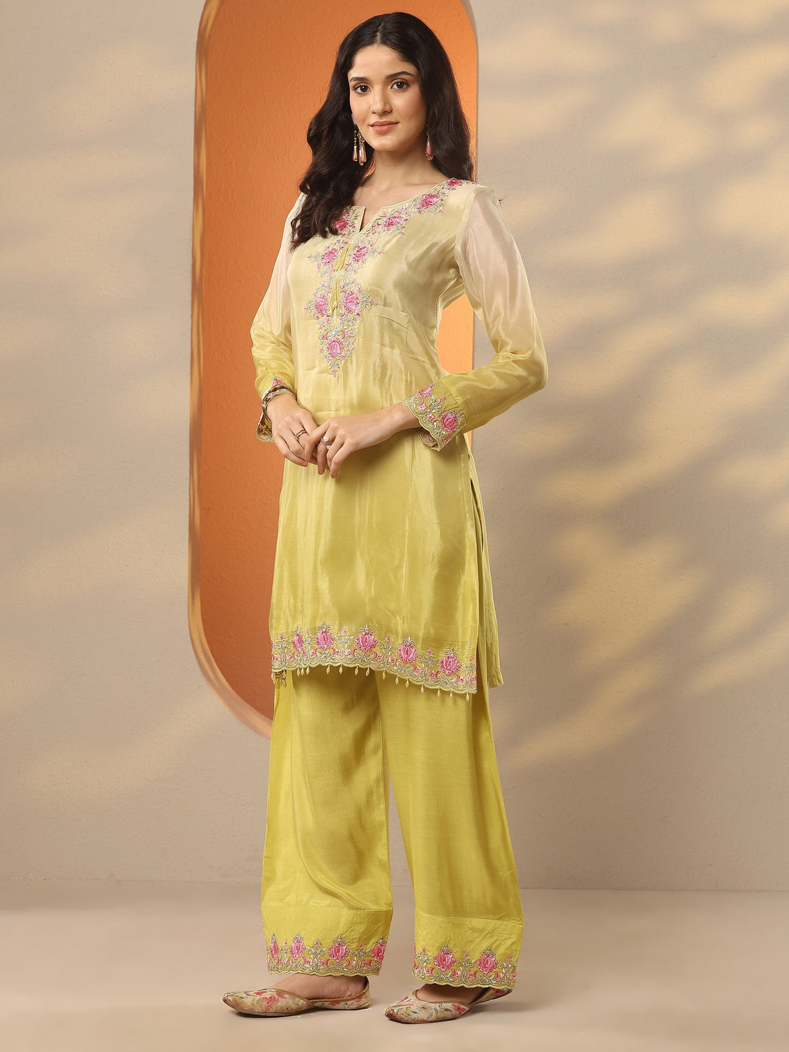 Mameraa Yellow Embroidered Crepe Straight Suit Set With Dupatta