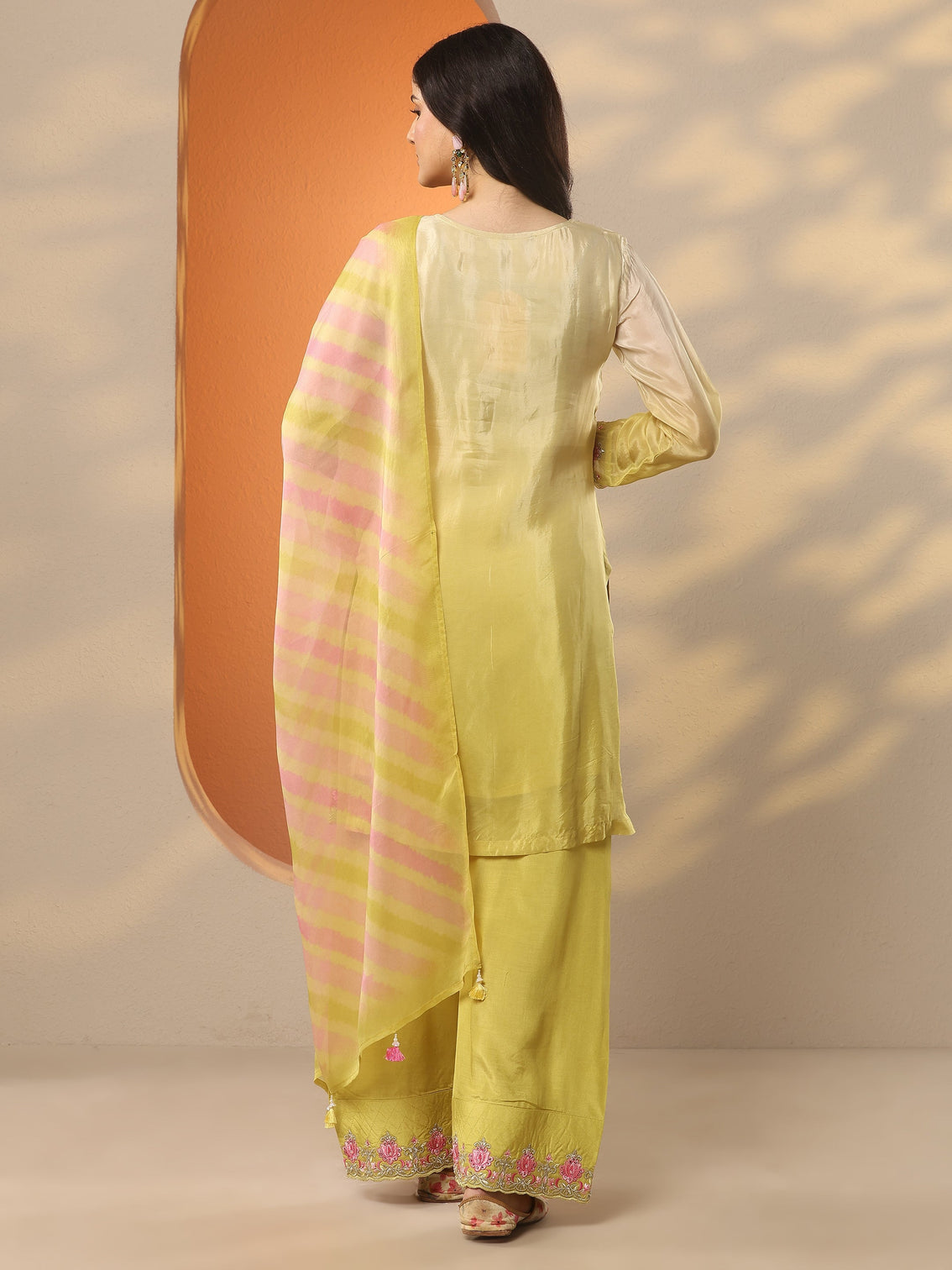 Mameraa Yellow Embroidered Crepe Straight Suit Set With Dupatta