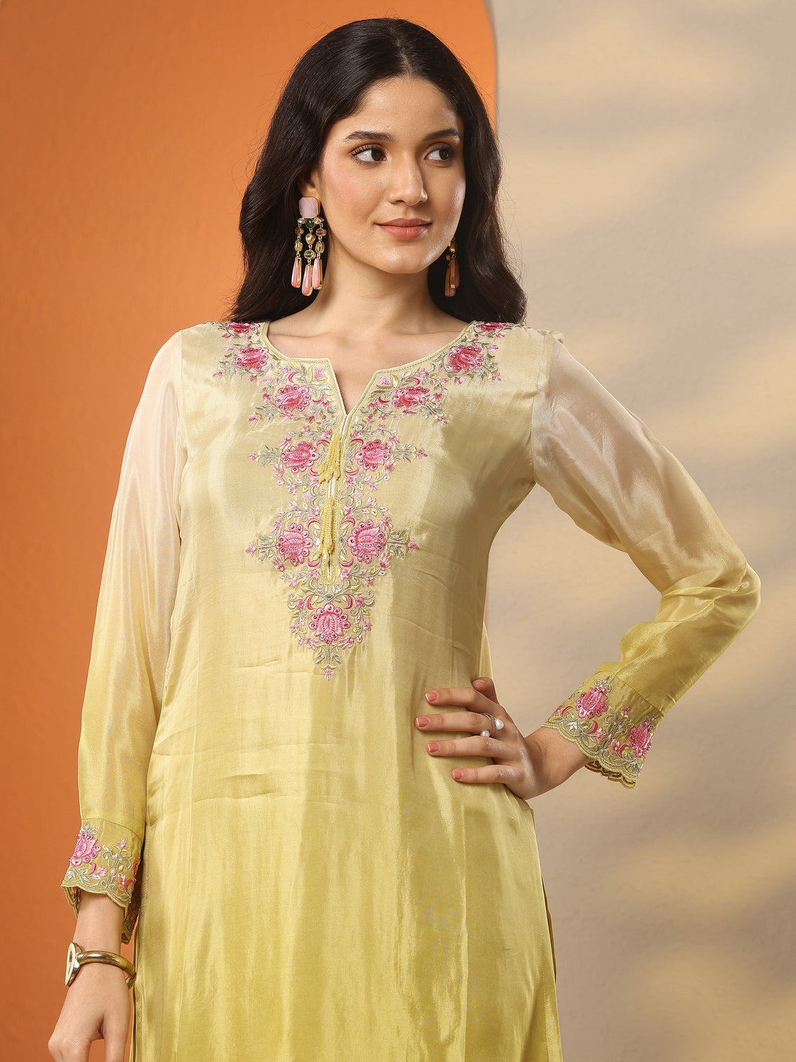 Mameraa Yellow Embroidered Crepe Straight Suit Set With Dupatta