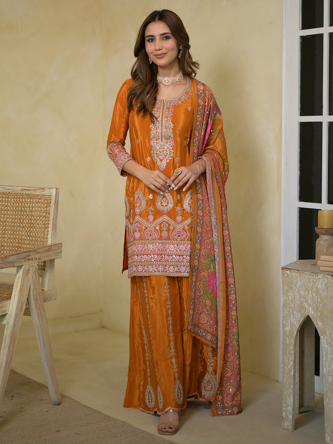 Mameraa Art Orange Embroidered Crepe Straight Suit Set With Dupatta