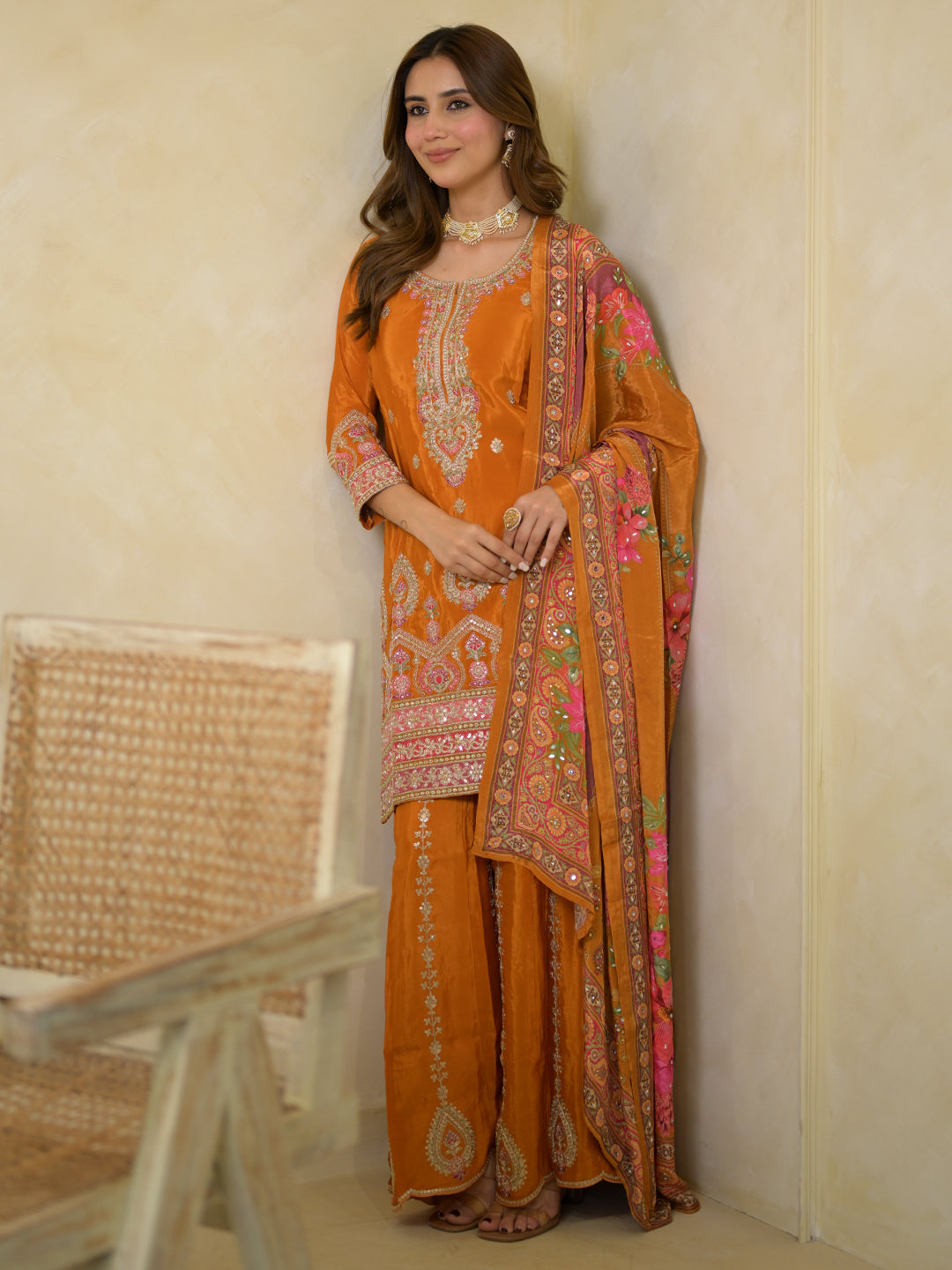 Mameraa Art Orange Embroidered Crepe Straight Suit Set With Dupatta