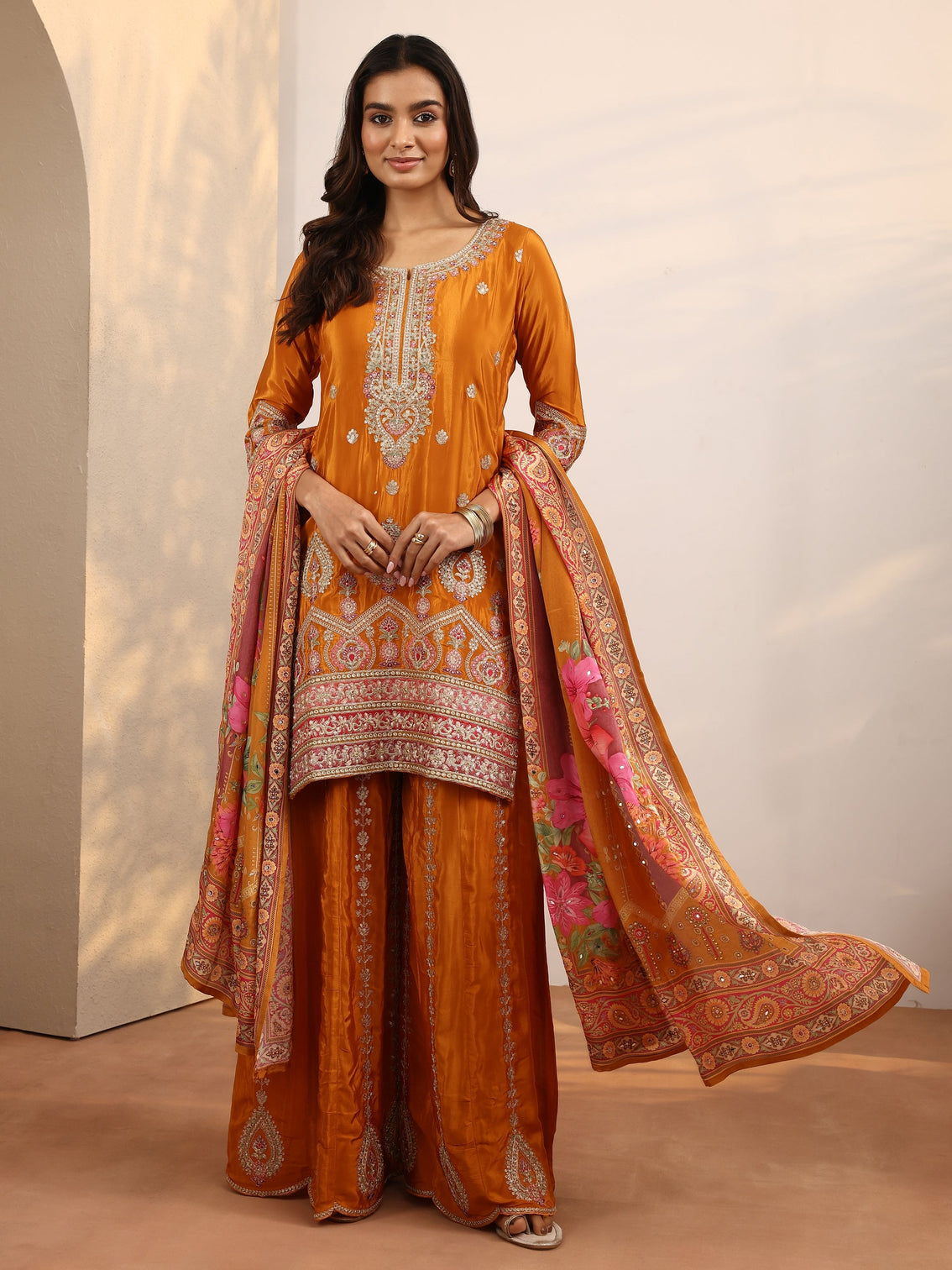 Mameraa Art Orange Embroidered Crepe Straight Suit Set With Dupatta