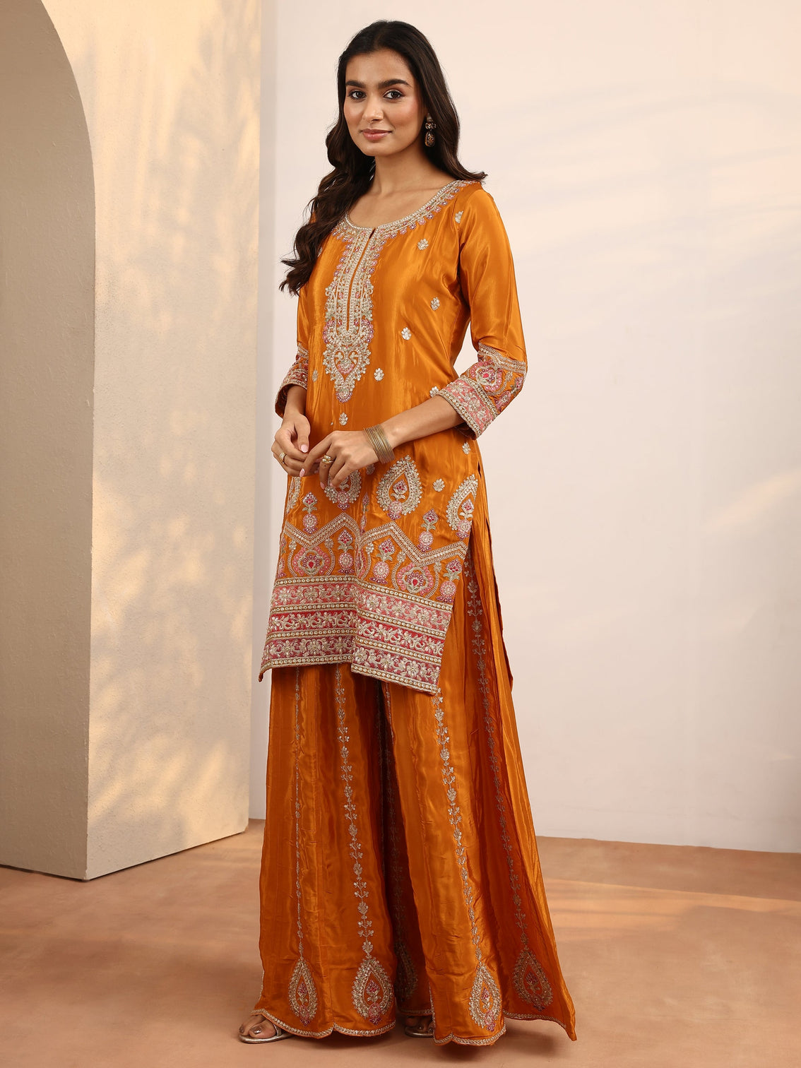Mameraa Art Orange Embroidered Crepe Straight Suit Set With Dupatta