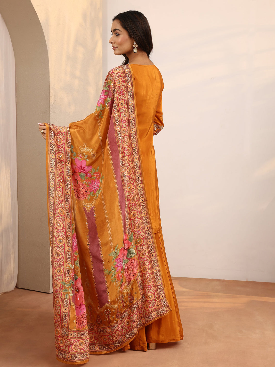 Mameraa Art Orange Embroidered Crepe Straight Suit Set With Dupatta