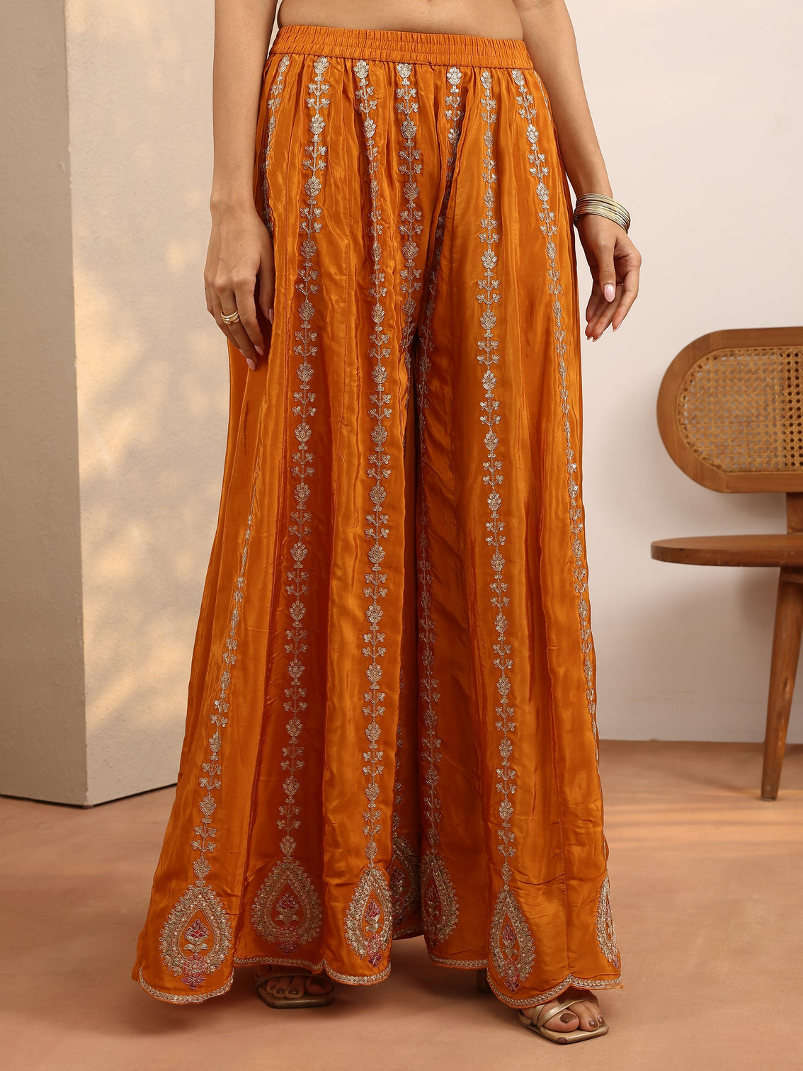 Mameraa Art Orange Embroidered Crepe Straight Suit Set With Dupatta