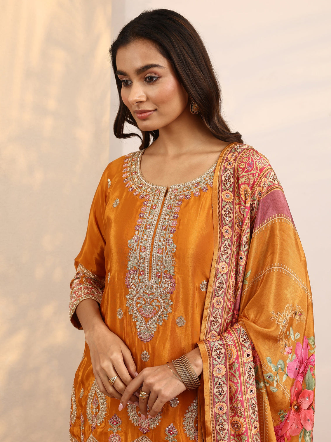 Mameraa Art Orange Embroidered Crepe Straight Suit Set With Dupatta