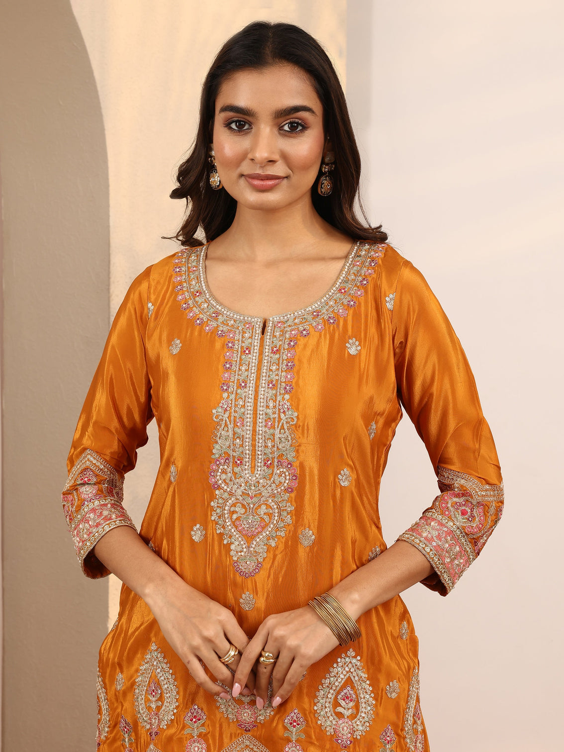 Mameraa Art Orange Embroidered Crepe Straight Suit Set With Dupatta