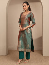 Libas Green Woven Design Silk Blend Straight Suit Set With Dupatta