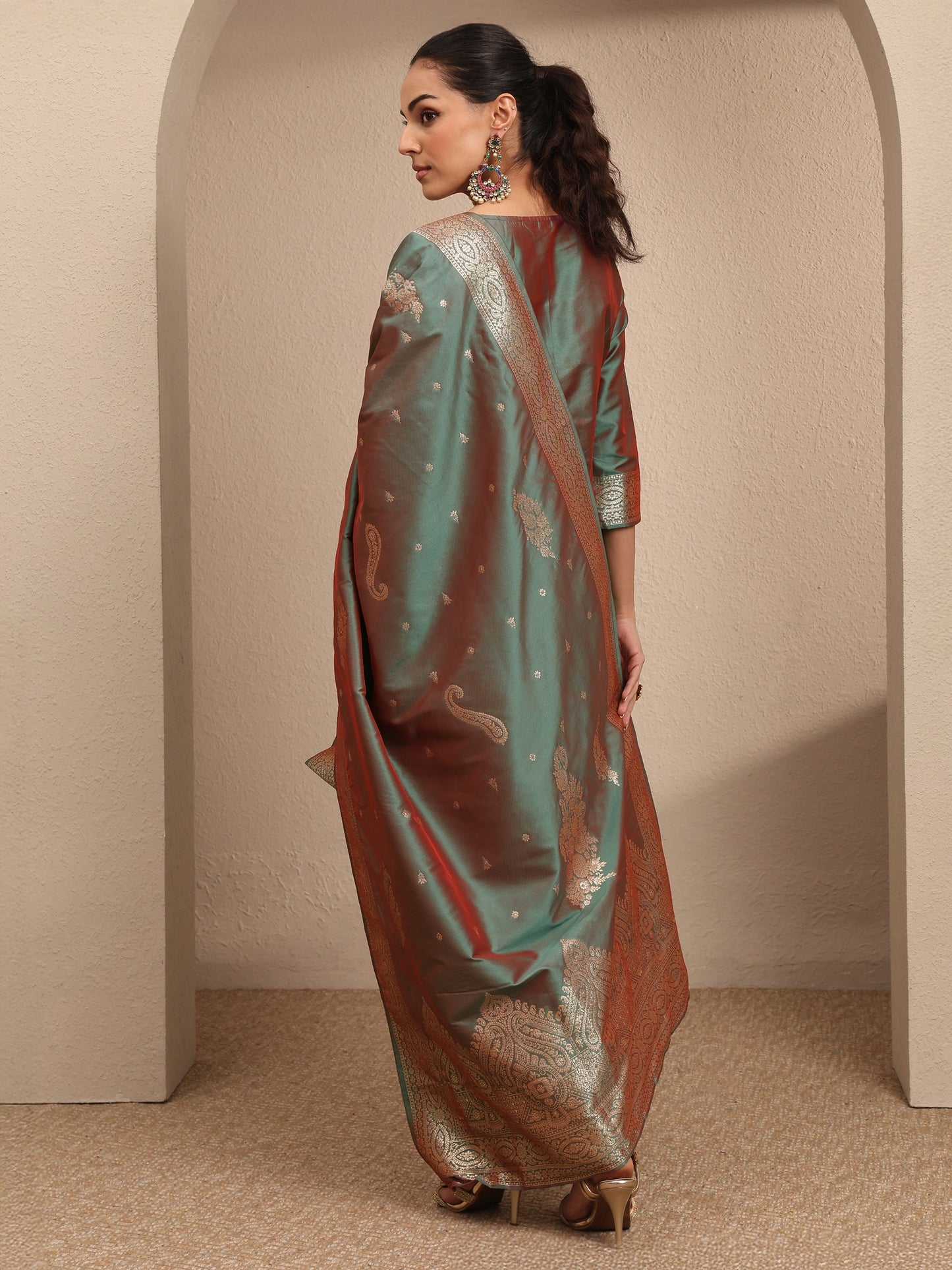 Libas Green Woven Design Silk Blend Straight Suit Set With Dupatta