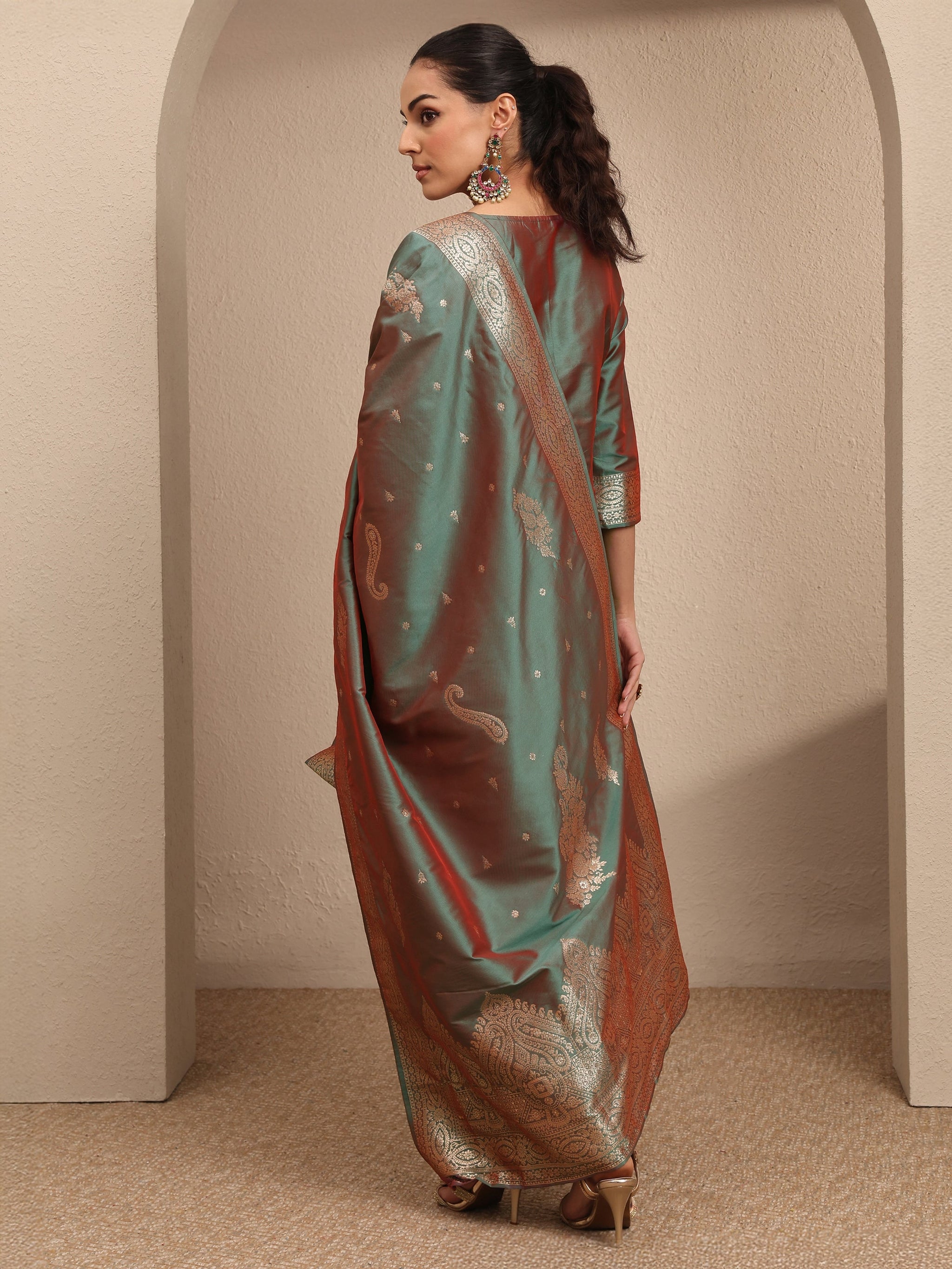 Libas Green Woven Design Silk Blend Straight Suit Set With Dupatta