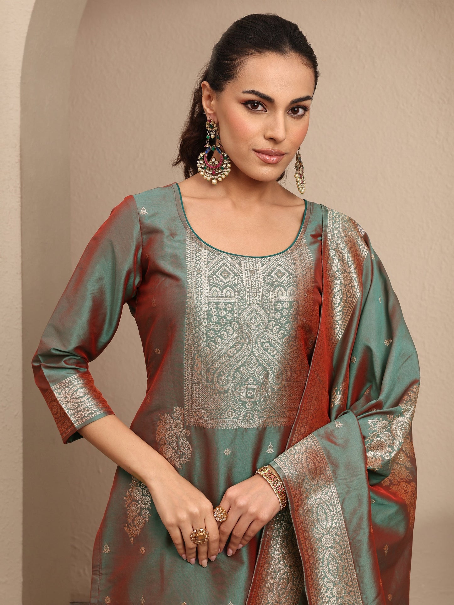 Libas Green Woven Design Silk Blend Straight Suit Set With Dupatta