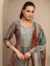 Libas Green Woven Design Silk Blend Straight Suit Set With Dupatta