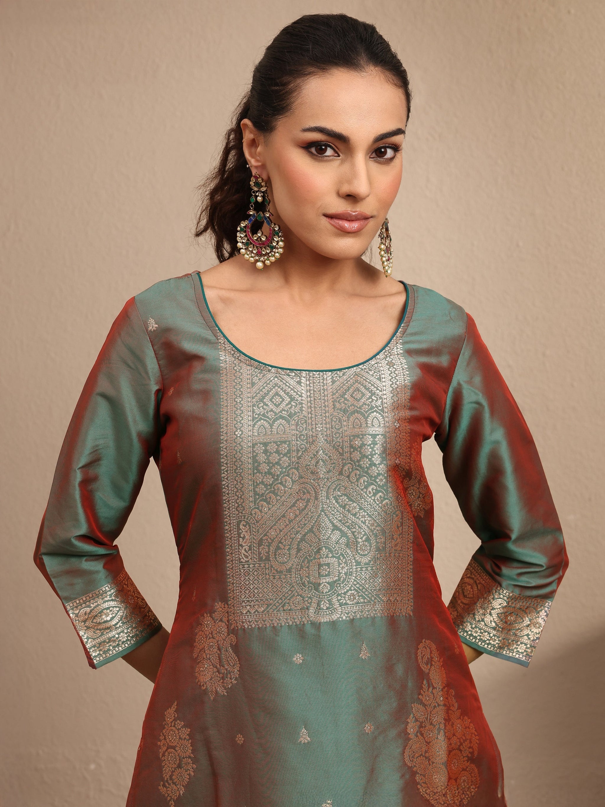 Libas Green Woven Design Silk Blend Straight Suit Set With Dupatta