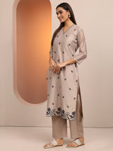 Libas Beige Embroidered Silk blend Straight Suit Set With Dupatta