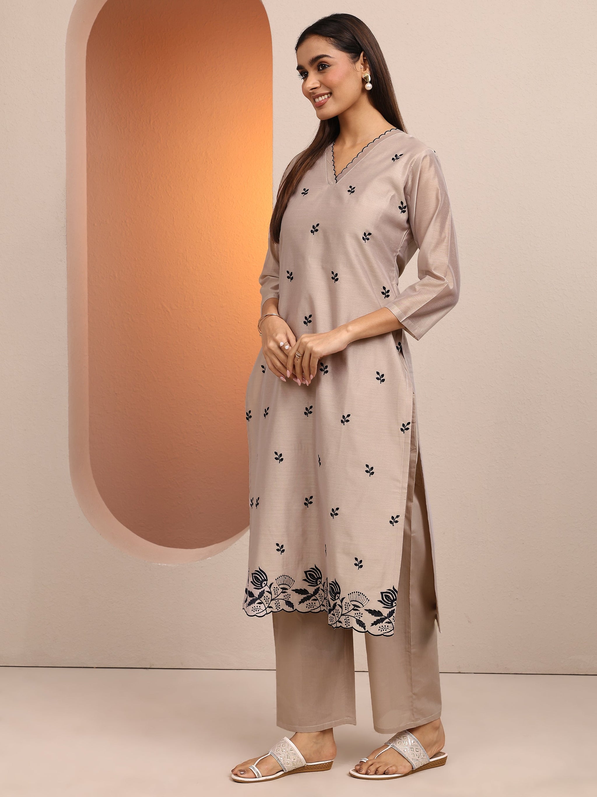 Libas Beige Embroidered Silk blend Straight Suit Set With Dupatta