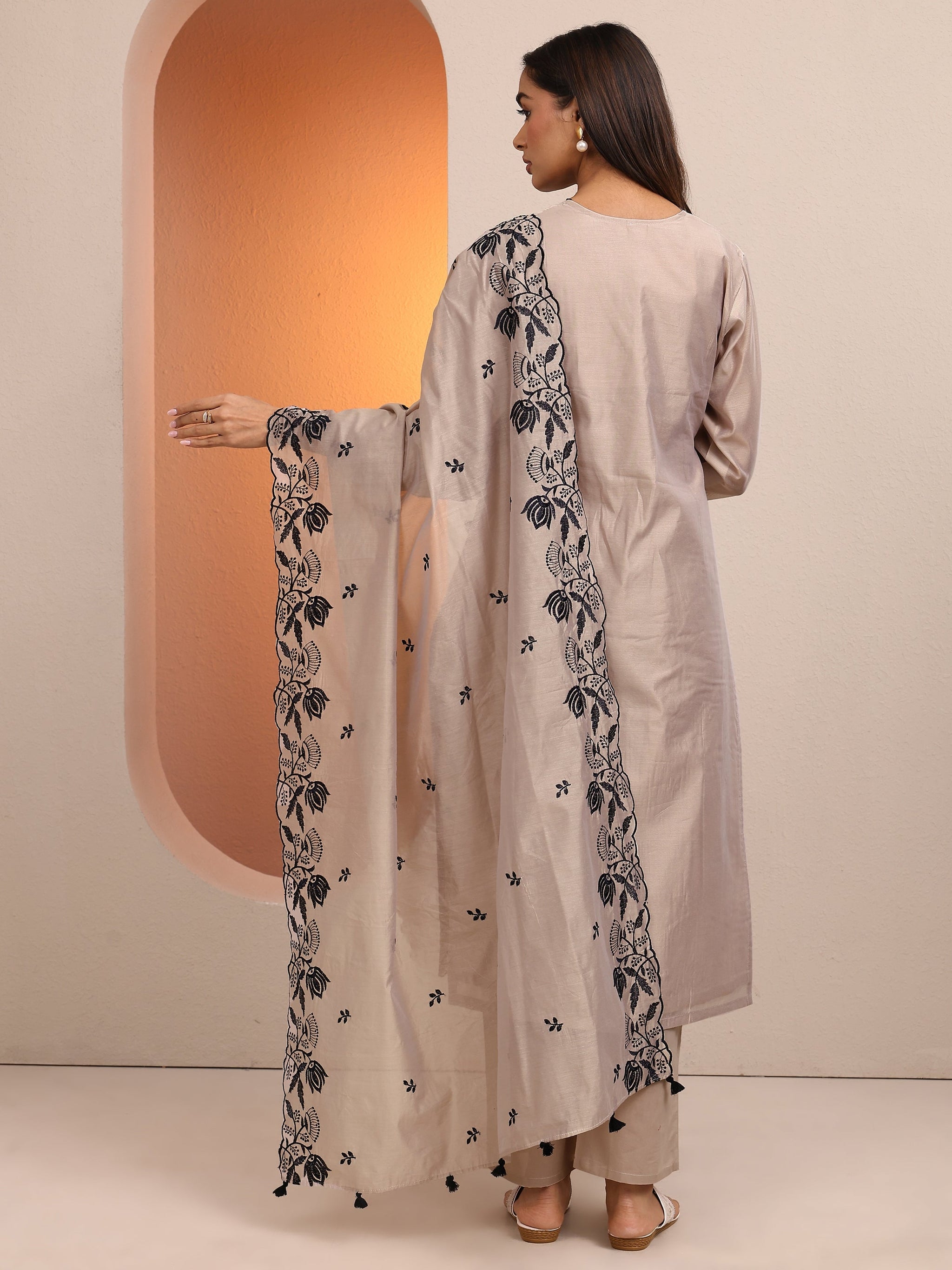Libas Beige Embroidered Silk blend Straight Suit Set With Dupatta