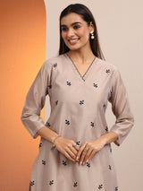 Libas Beige Embroidered Silk blend Straight Suit Set With Dupatta