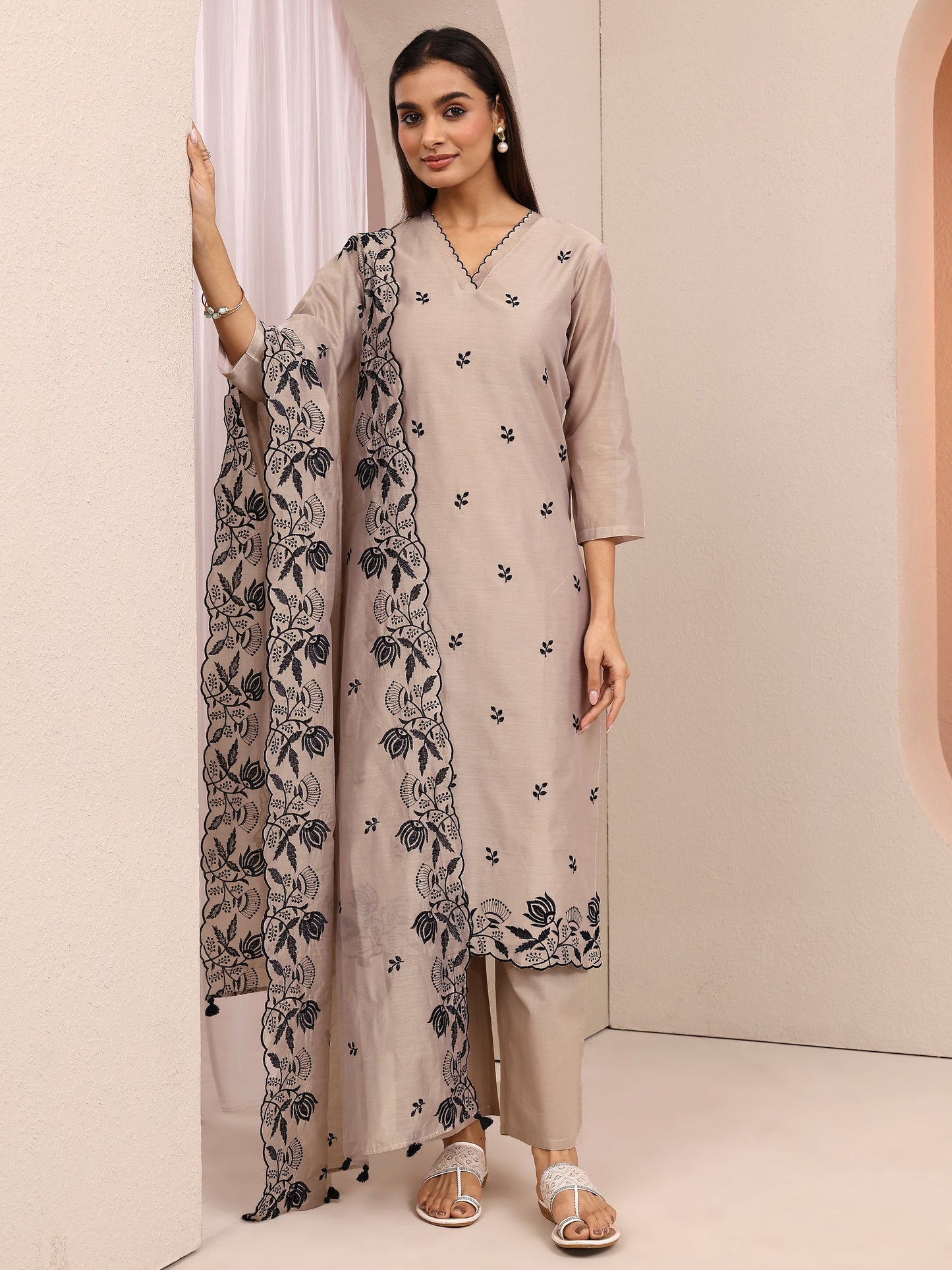 Libas Beige Embroidered Silk blend Straight Suit Set With Dupatta