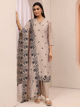 Libas Beige Embroidered Silk blend Straight Suit Set With Dupatta