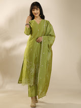 Libas Green Embroidered Silk Blend Straight Suit Set With Dupatta
