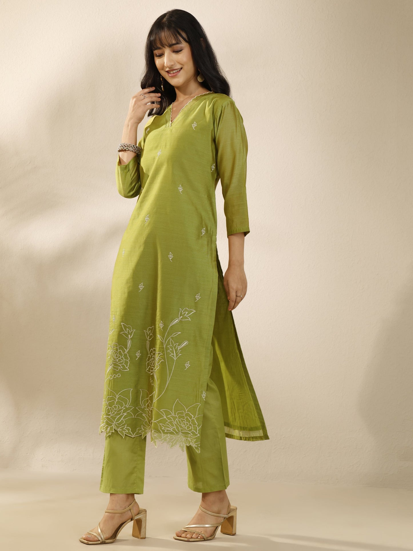 Libas Green Embroidered Silk Blend Straight Suit Set With Dupatta