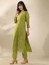 Libas Green Embroidered Silk Blend Straight Suit Set With Dupatta