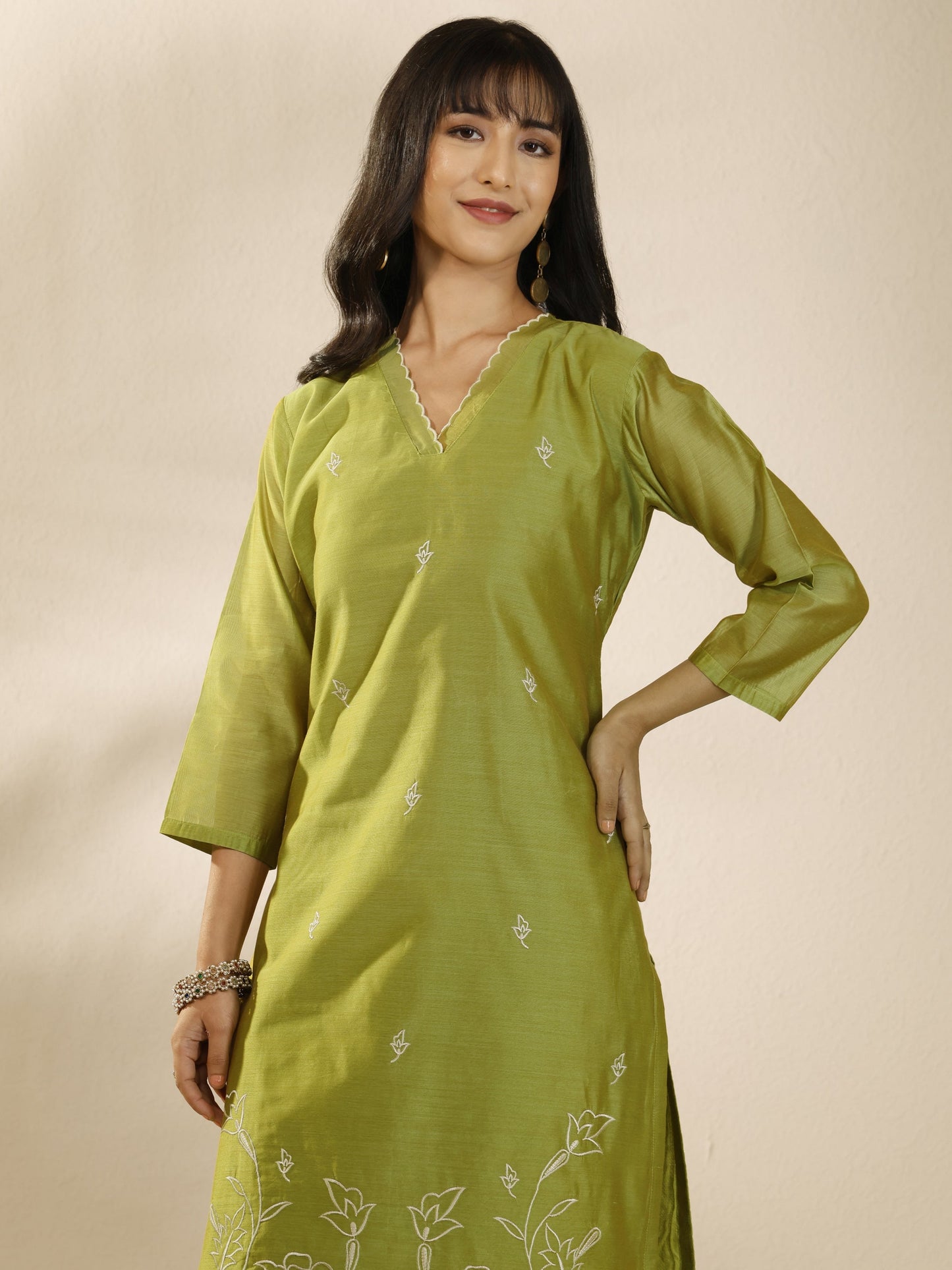 Libas Green Embroidered Silk Blend Straight Suit Set With Dupatta
