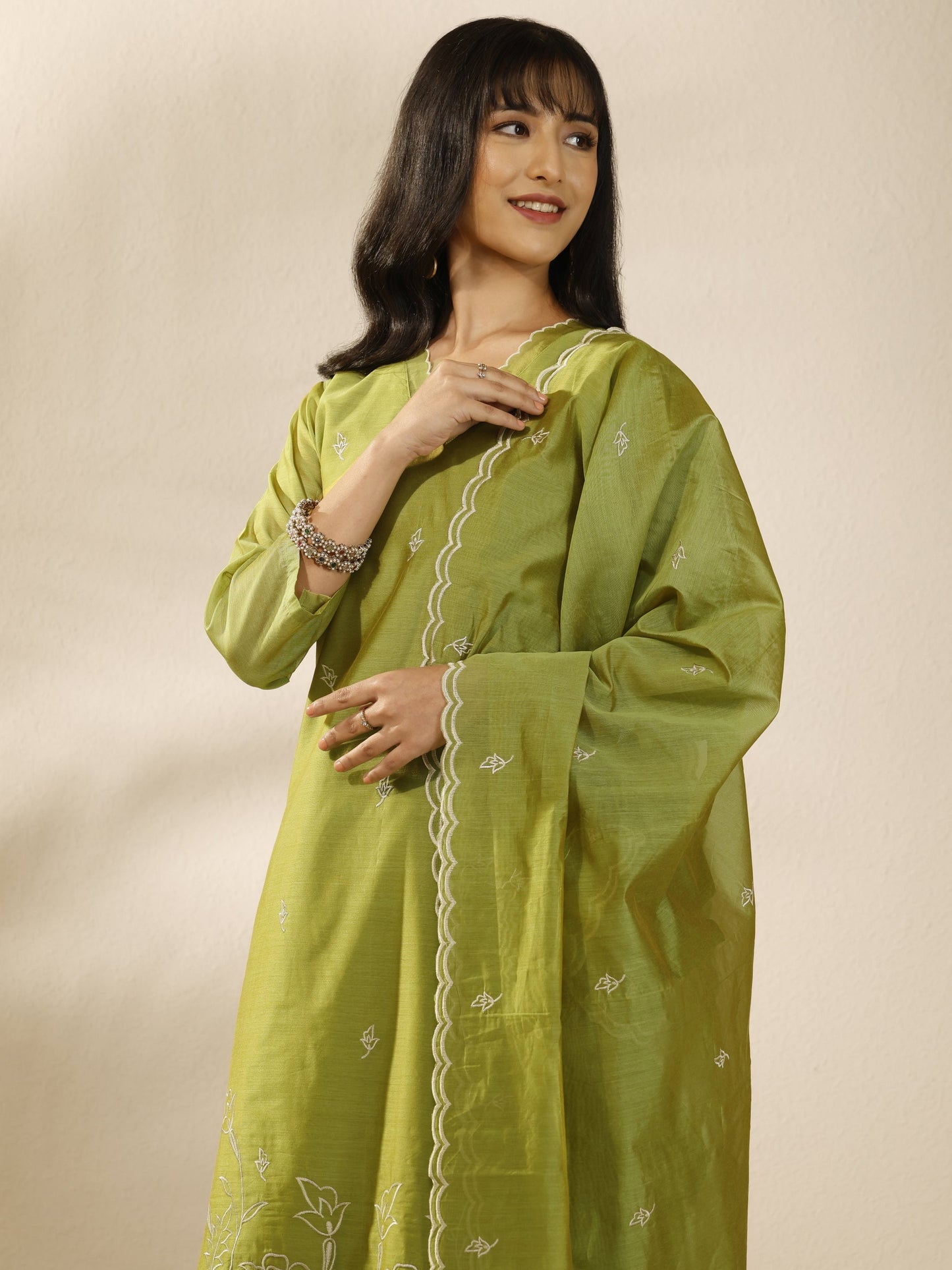 Libas Green Embroidered Silk Blend Straight Suit Set With Dupatta