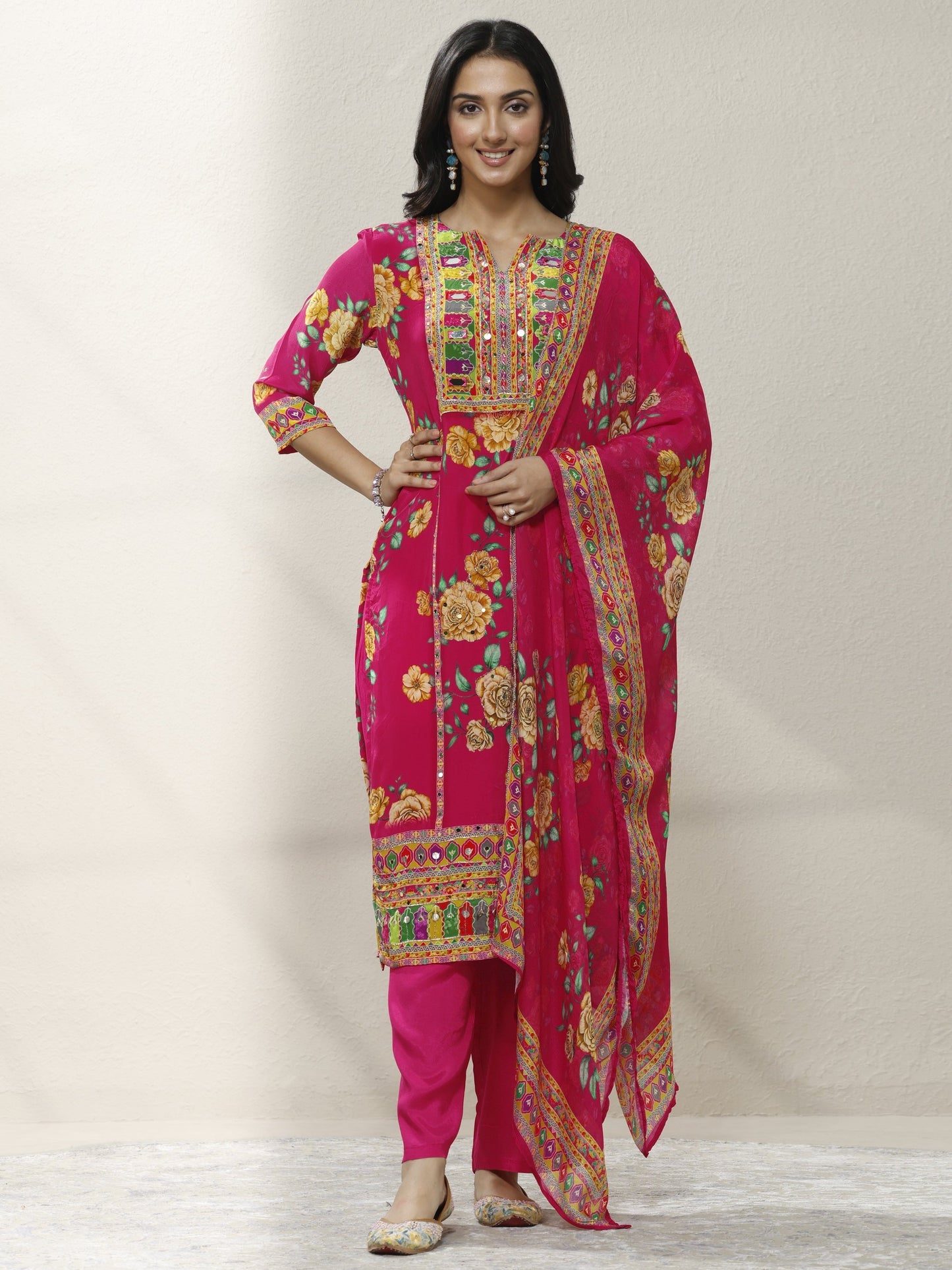 Libas Pink Printed Chinon Straight Suit Set With Dupatta