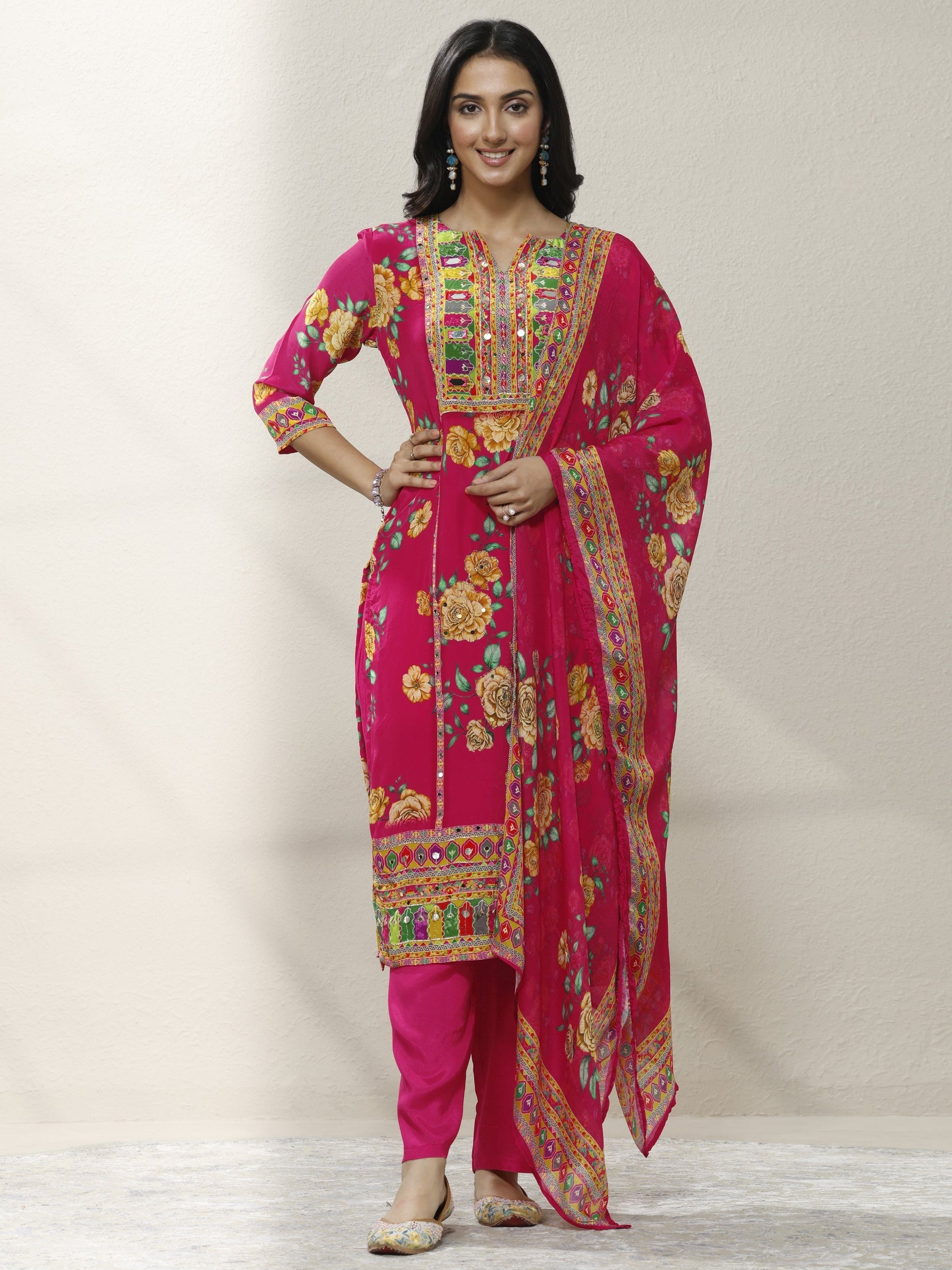 Libas Pink Printed Chinon Straight Suit Set With Dupatta