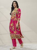Libas Pink Printed Chinon Straight Suit Set With Dupatta