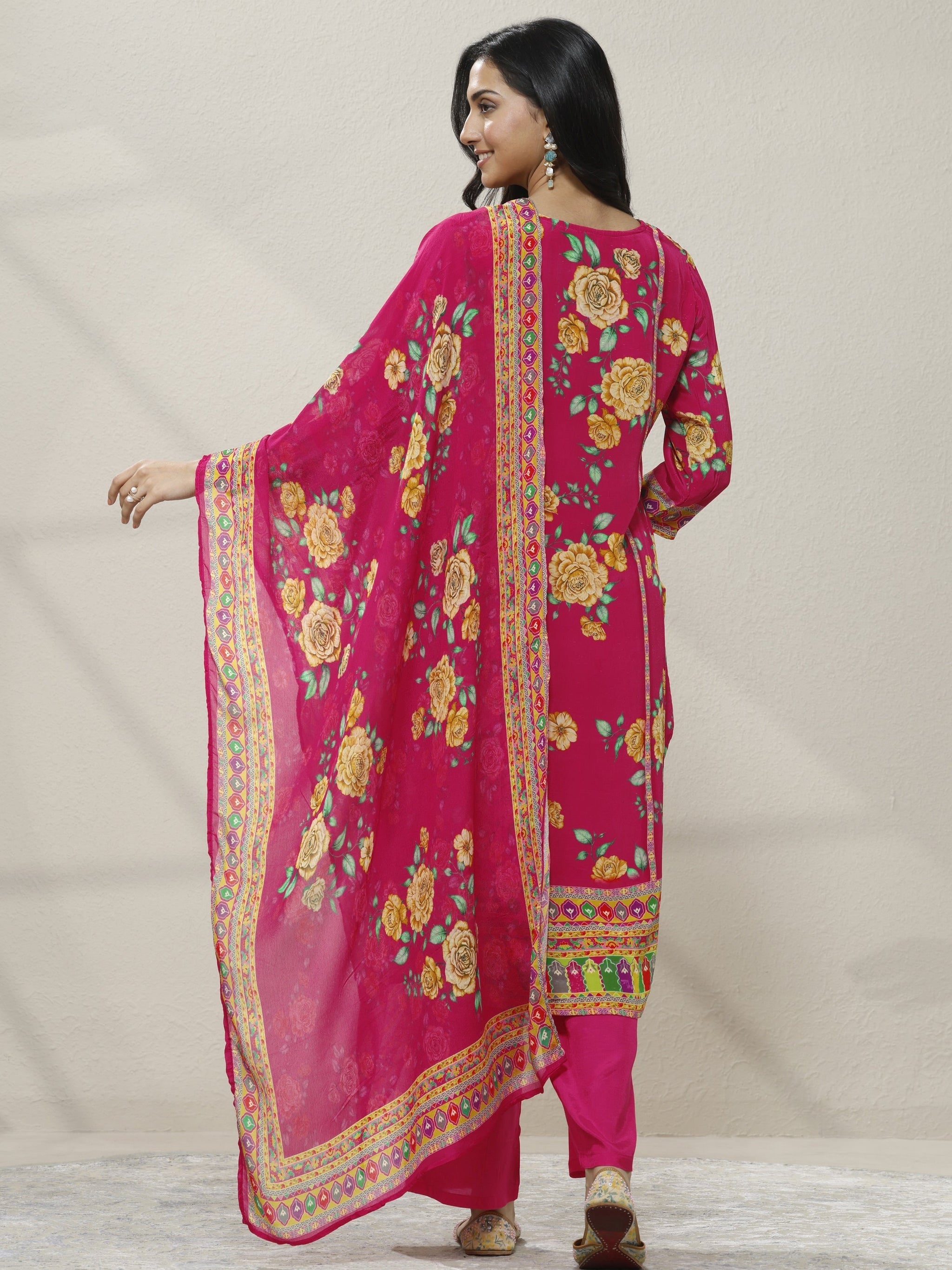 Libas Pink Printed Chinon Straight Suit Set With Dupatta
