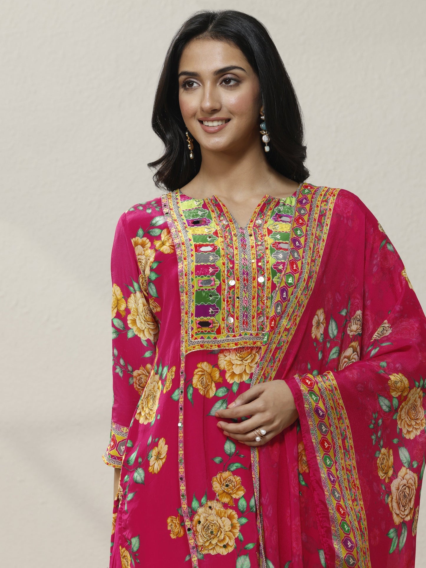 Libas Pink Printed Chinon Straight Suit Set With Dupatta