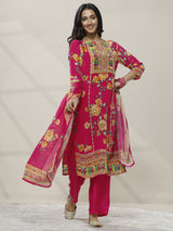 Libas Pink Printed Chinon Straight Suit Set With Dupatta