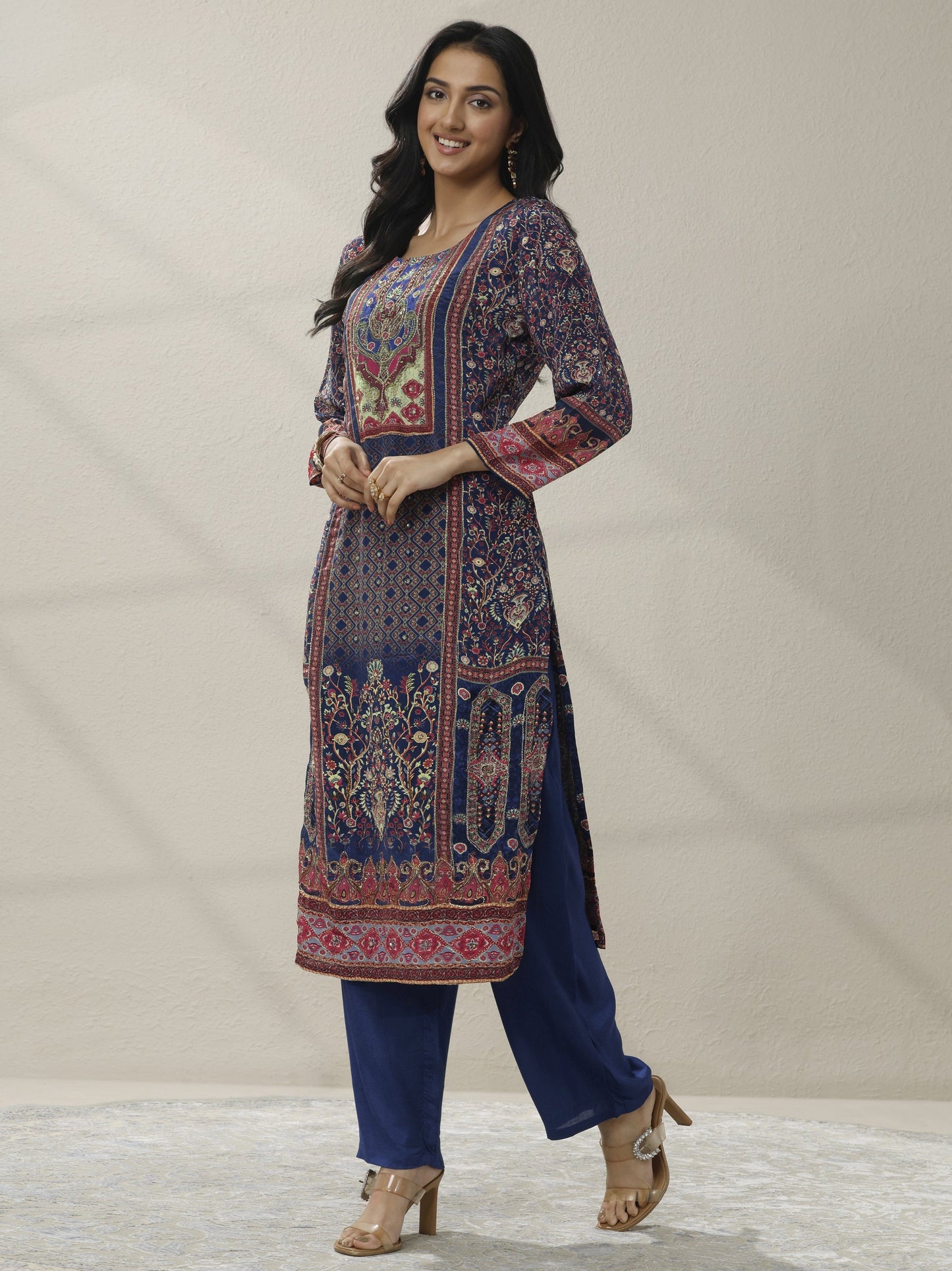 Libas Blue Printed Muslin Straight Suit Set With Dupatta