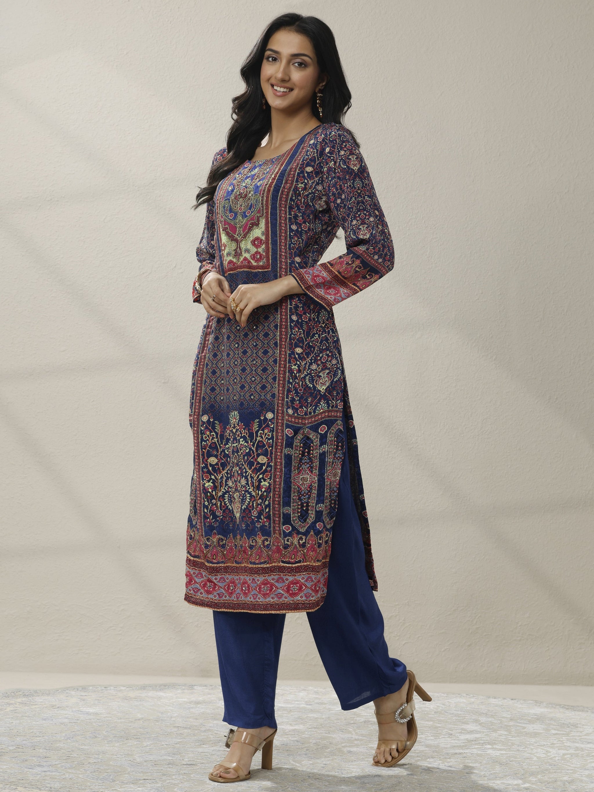Libas Blue Printed Muslin Straight Suit Set With Dupatta