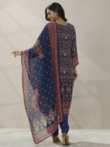 Libas Blue Printed Muslin Straight Suit Set With Dupatta
