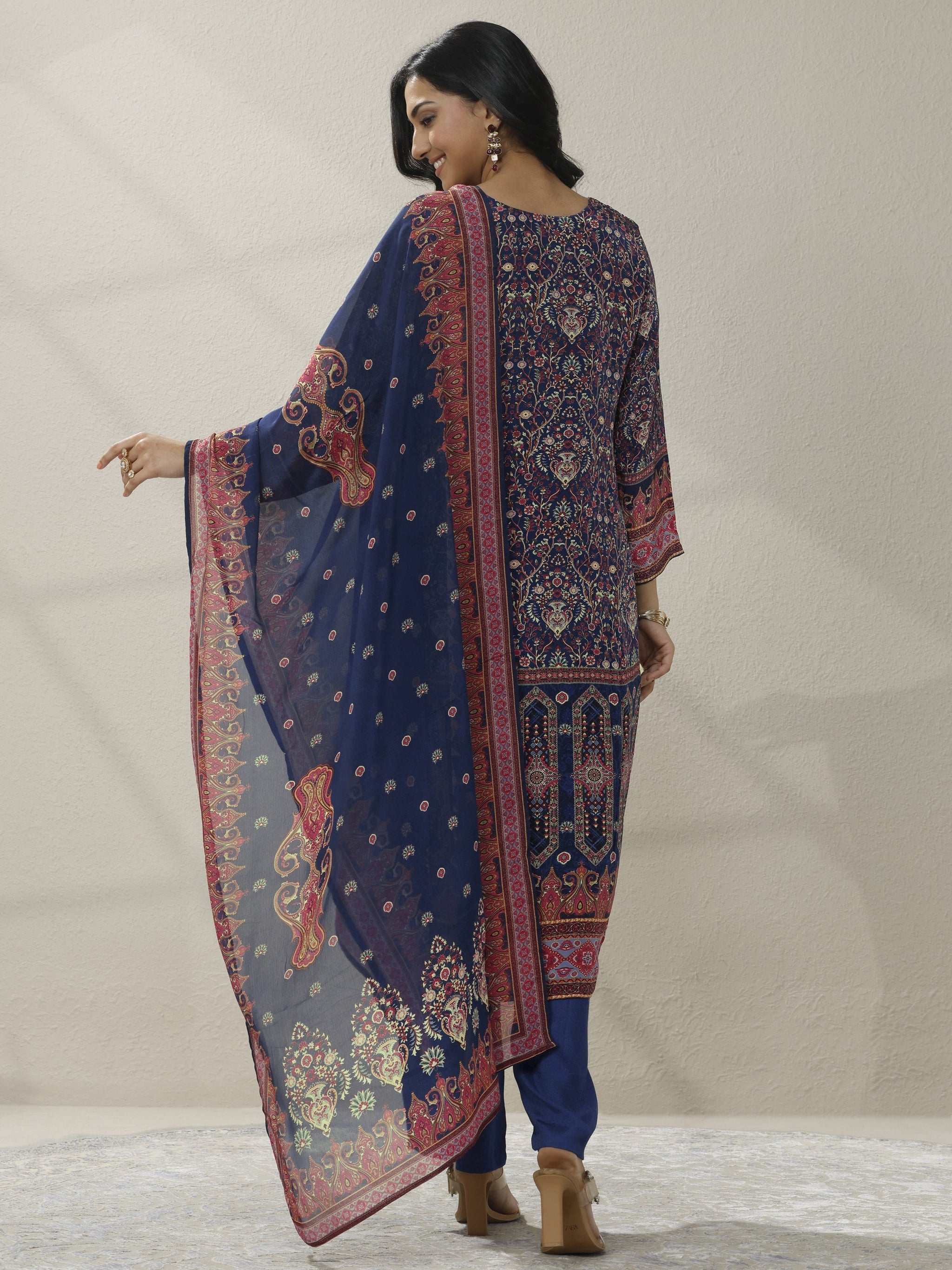 Libas Blue Printed Muslin Straight Suit Set With Dupatta