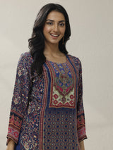 Libas Blue Printed Muslin Straight Suit Set With Dupatta