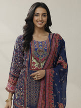 Libas Blue Printed Muslin Straight Suit Set With Dupatta