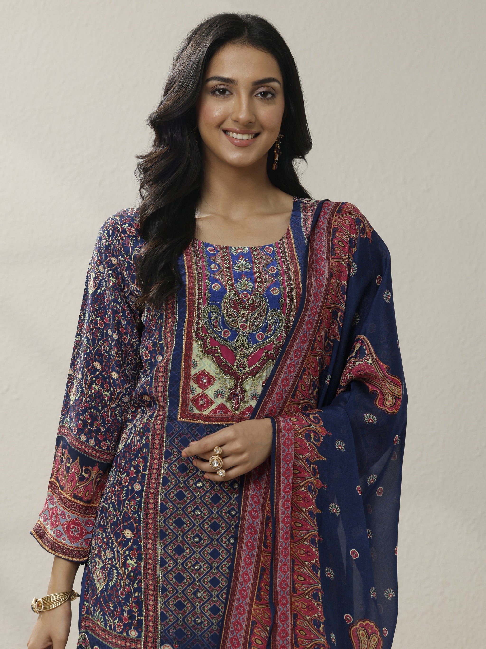 Libas Blue Printed Muslin Straight Suit Set With Dupatta