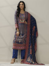 Libas Blue Printed Muslin Straight Suit Set With Dupatta