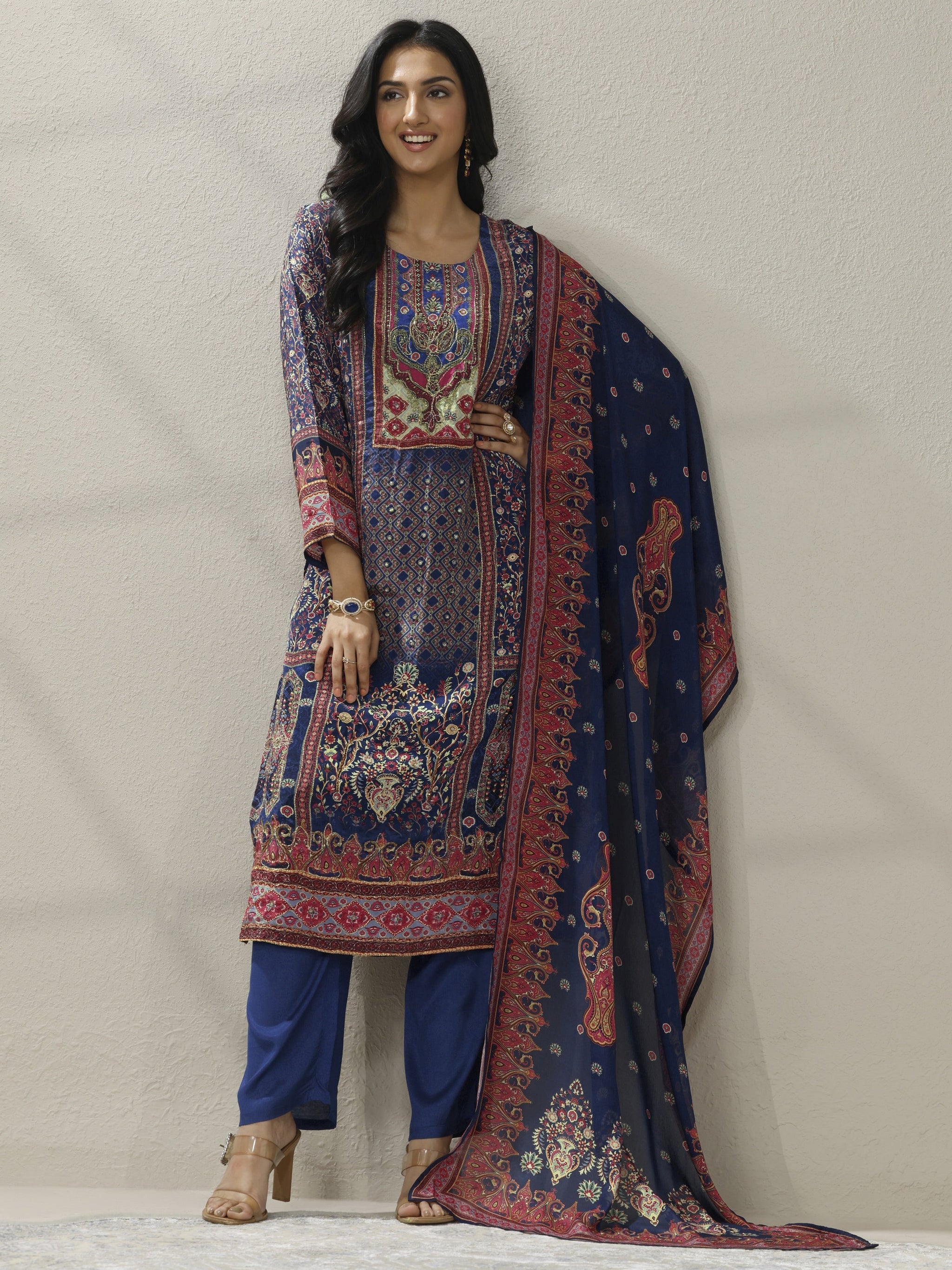 Libas Blue Printed Muslin Straight Suit Set With Dupatta