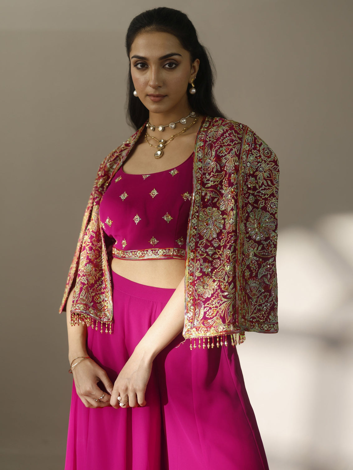 Mameraa Art Pink Embroidered Silk Blend Co-Ord Set